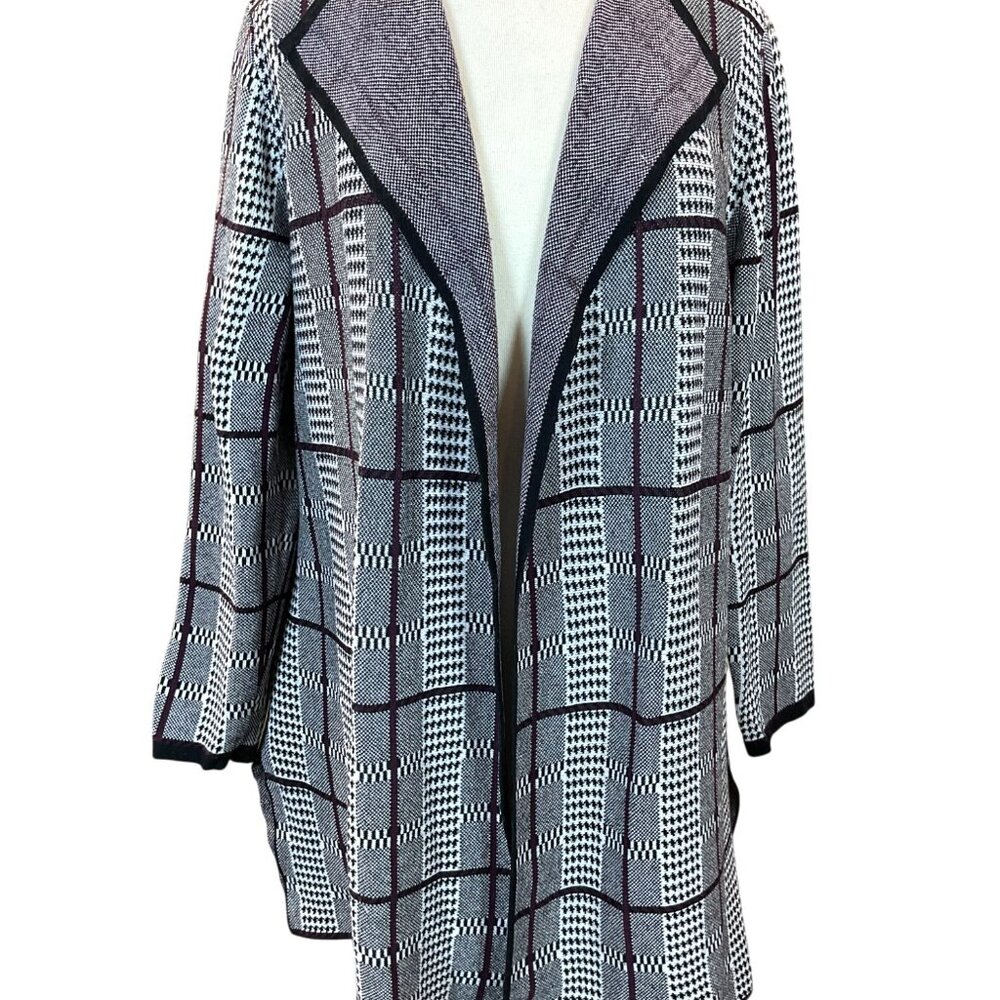 Anne Klein LS Open Front Cardigan Sweater Windowpane Houndstooth Plaid XL